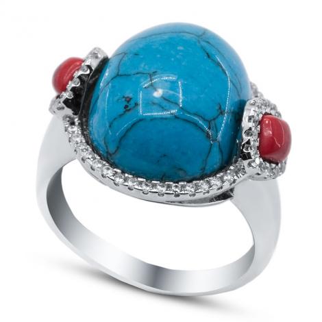Кольцо, вставка: бирюза пр., коралл пр., куб.цирконий, арт.:21sr000906c-1-96, SilverWings, рис. 1